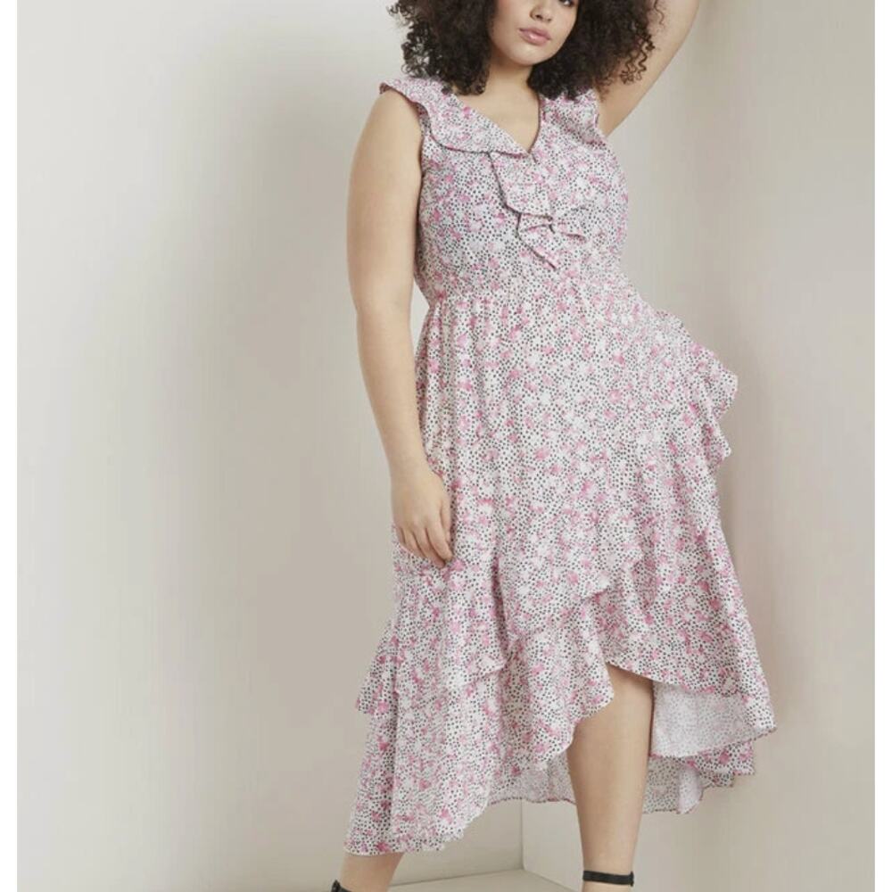 Eloquii Pink Party Dress Size 16 High Low Floral Ruffle Wedding Romantic $146
